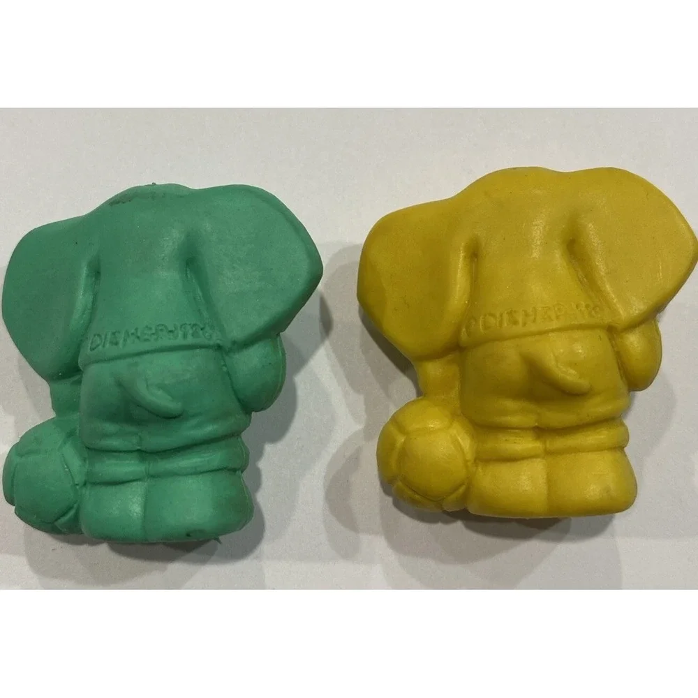 Vintage Diener Erasers- Yellow Green Elephant Soccer Ball Pencil Toppers 1985
